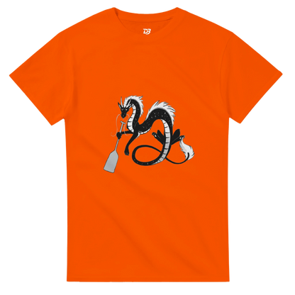 Orange unisex crewneck graphic T-shirt with dragon holding a paddle and ring