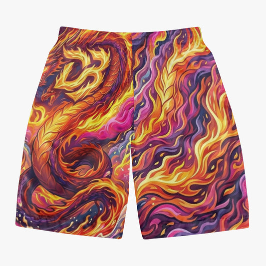 Men's all-over print board shorts in orange, yellow, and purple flame design