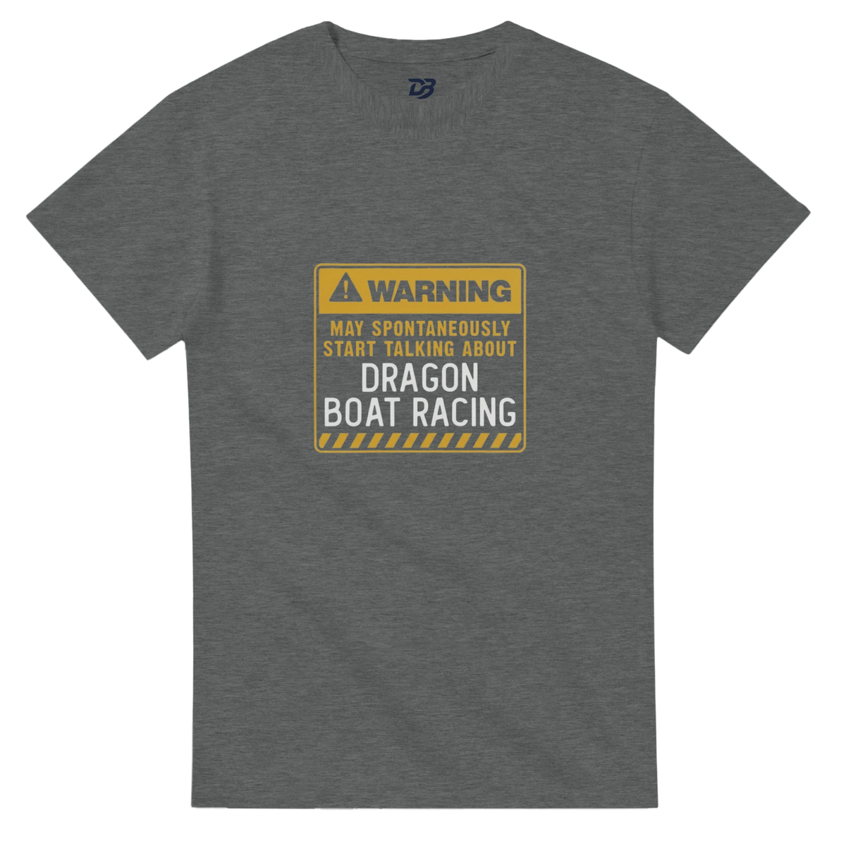 Unisex crewneck T-shirt, dark gray with warning boat racing graphic on chest.