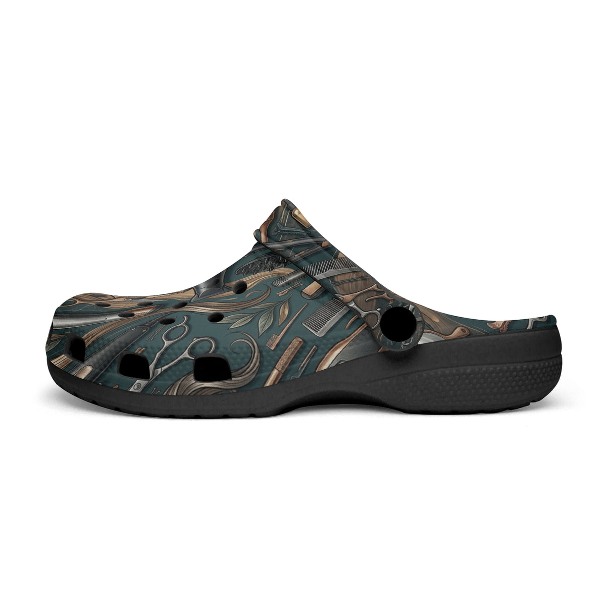 Side view clog with adjustable strap and dark teal/brown tool print