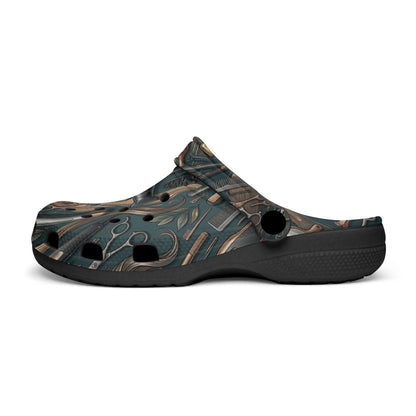 Side view clog with adjustable strap and dark teal/brown tool print