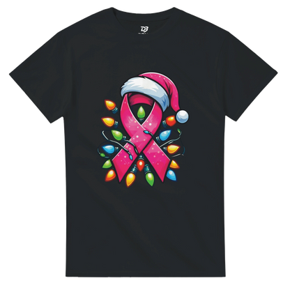 Black crewneck T-shirt with pink ribbon character graphic and colorful Christmas lights