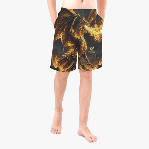 Black and gold dragon print board shorts, DBUK logo on right leg