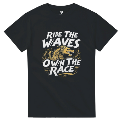 Unisex black T-shirt with “Ride the Waves / Own the Race” dragon graphic on front