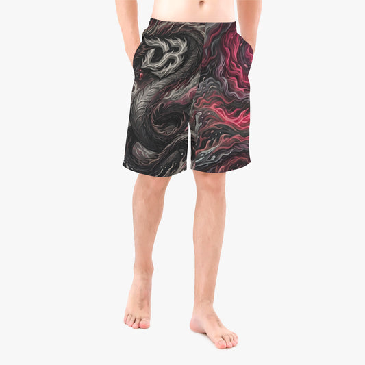 Men's board shorts, all-over dragon print in dark gray and red tones