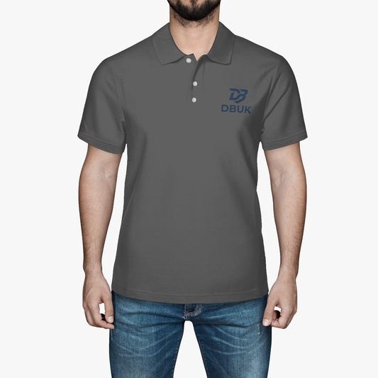 Men's charcoal-gray polyester polo shirt with 3-button placket and D BUK logo