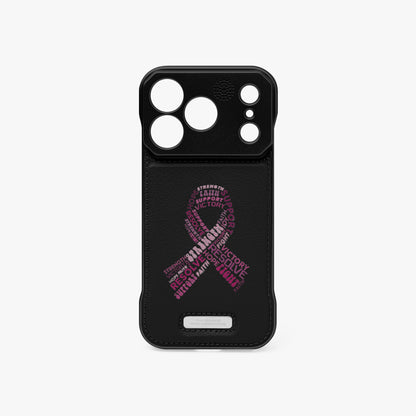 Black metal phone case with quad camera openings and pink logo graphic.