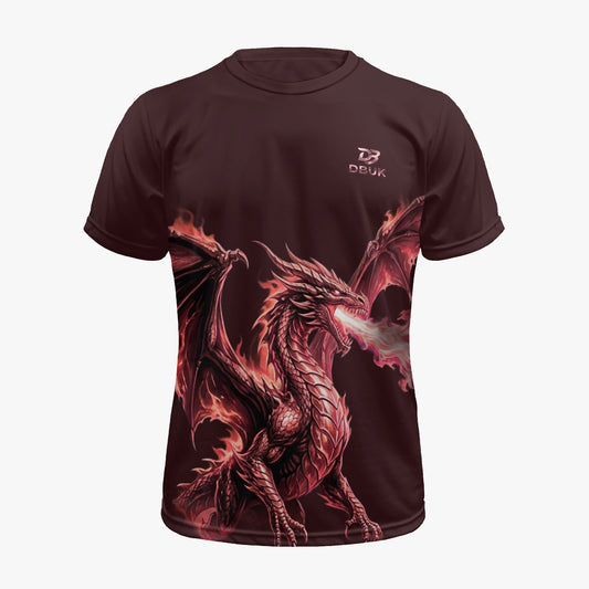 Dark maroon sports jersey with front dragon graphic and small DBUKStore logo